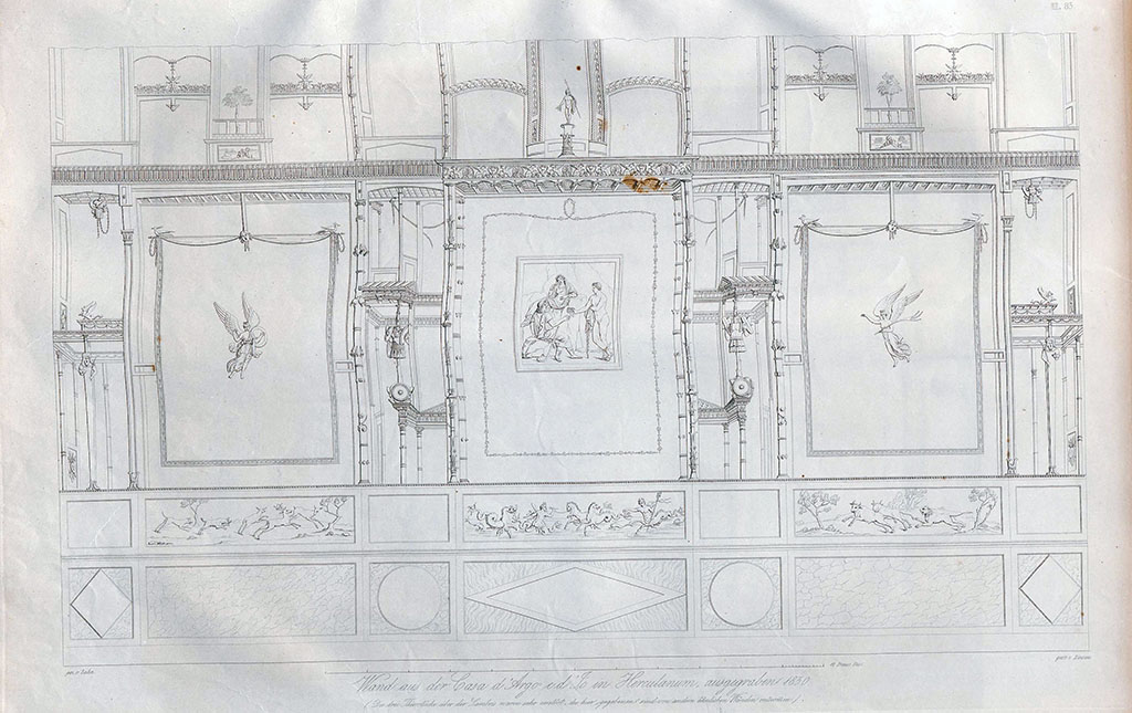 II.2 Herculaneum,1842, drawing by Zahn. Wall of triclinium, with central painting of Argos, Io and Mercury.
The background of the wall was black, with only the upper part being white. The zoccolo/plinth/dado was painted as marble of different colours.
The central painting, as well as the two Victories in the side panels, in fact the whole wall, was very damaged and hardly recognizable.
See Zahn, W., 1842. Die schönsten Ornamente und merkwürdigsten Gemälde aus Pompeji, Herkulanum und Stabiae: II. Berlin: Reimer. (Taf. 83)